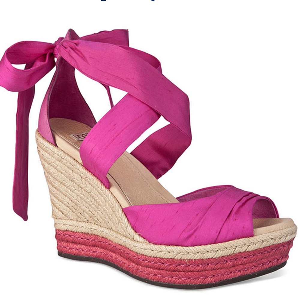 UGG Lucianna Wedge Espadrille Sandals Sz 8 Silk Ties Pink Rasberry Boho Chic